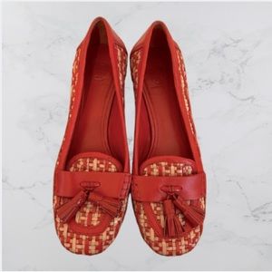 TORY BURCH l Careen Loafers Red and Tan Woven